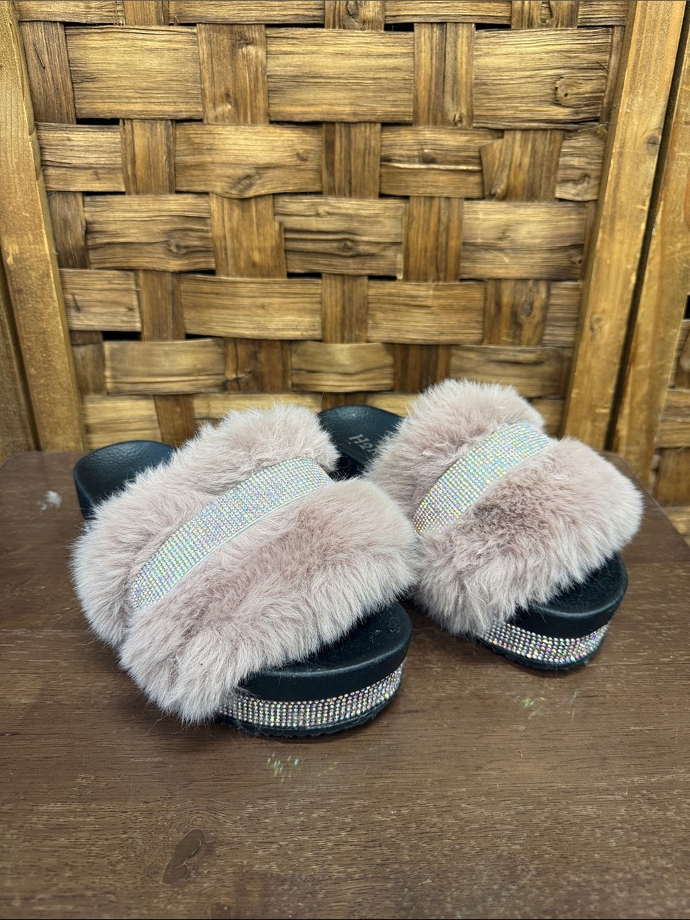 Faux Fur Rhinestone Platform Slide Sandals - Blush